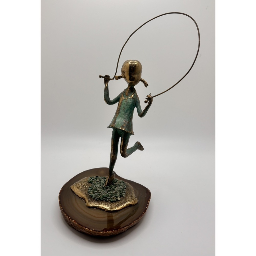 Malcolm Moran Patinated Bronze Sculpture Stone Base Girl with a Jump Rope